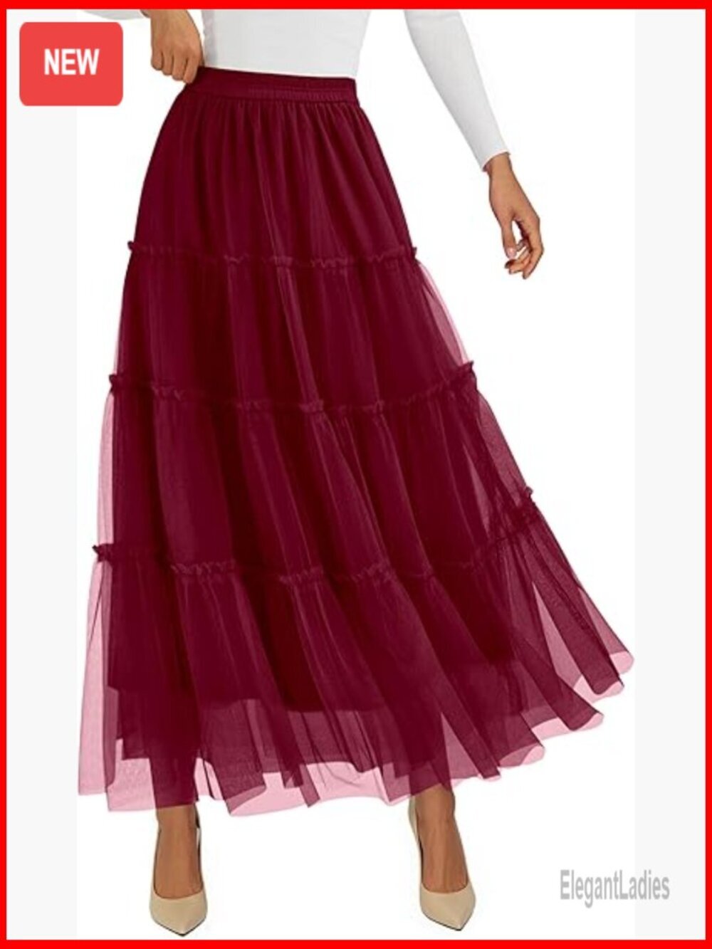 Tulle Maxi Skirt High Waisted Elastic Tiered A-Line Spring Casual